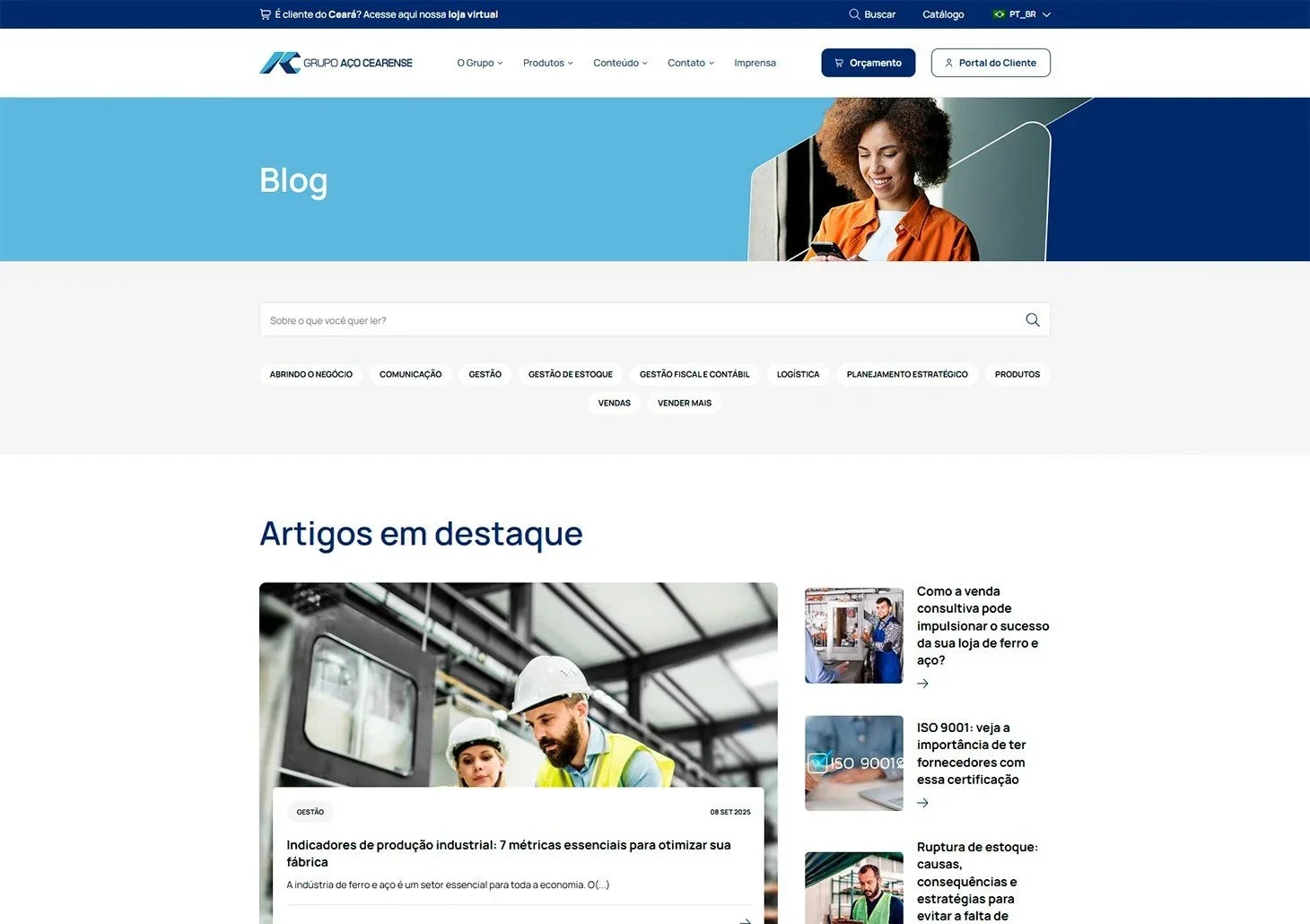 Página do blog do Grupo Aço Cearense: a busca, as etiquetas de tema — de Gestão de Estoque a Logística — e a lista de artigos em destaque.