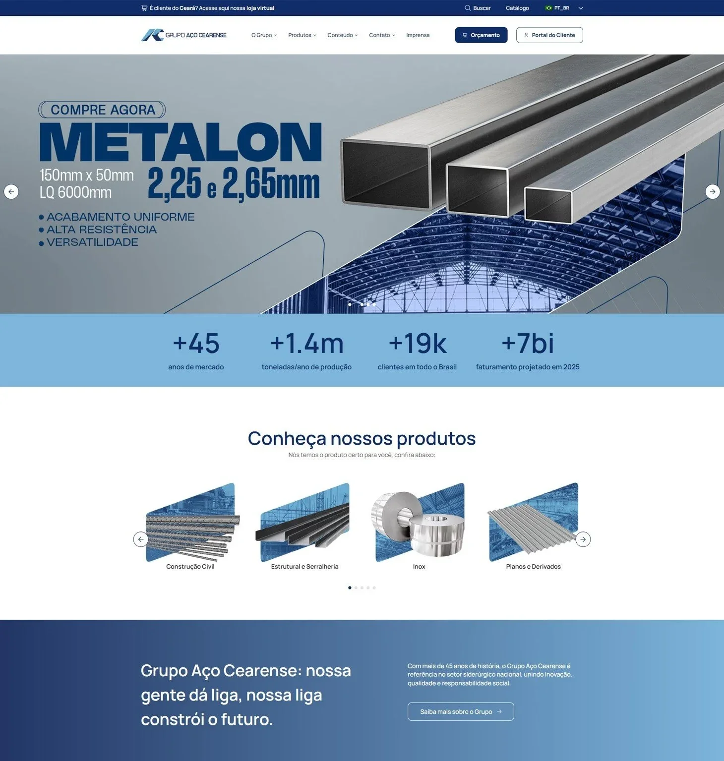 Home do site do Grupo Aço Cearense em desktop: o banner do Metalon, a faixa com os números do grupo, o carrossel “Conheça nossos produtos” com as categorias e o bloco institucional “nossa gente dá liga, nossa liga constrói o futuro”.