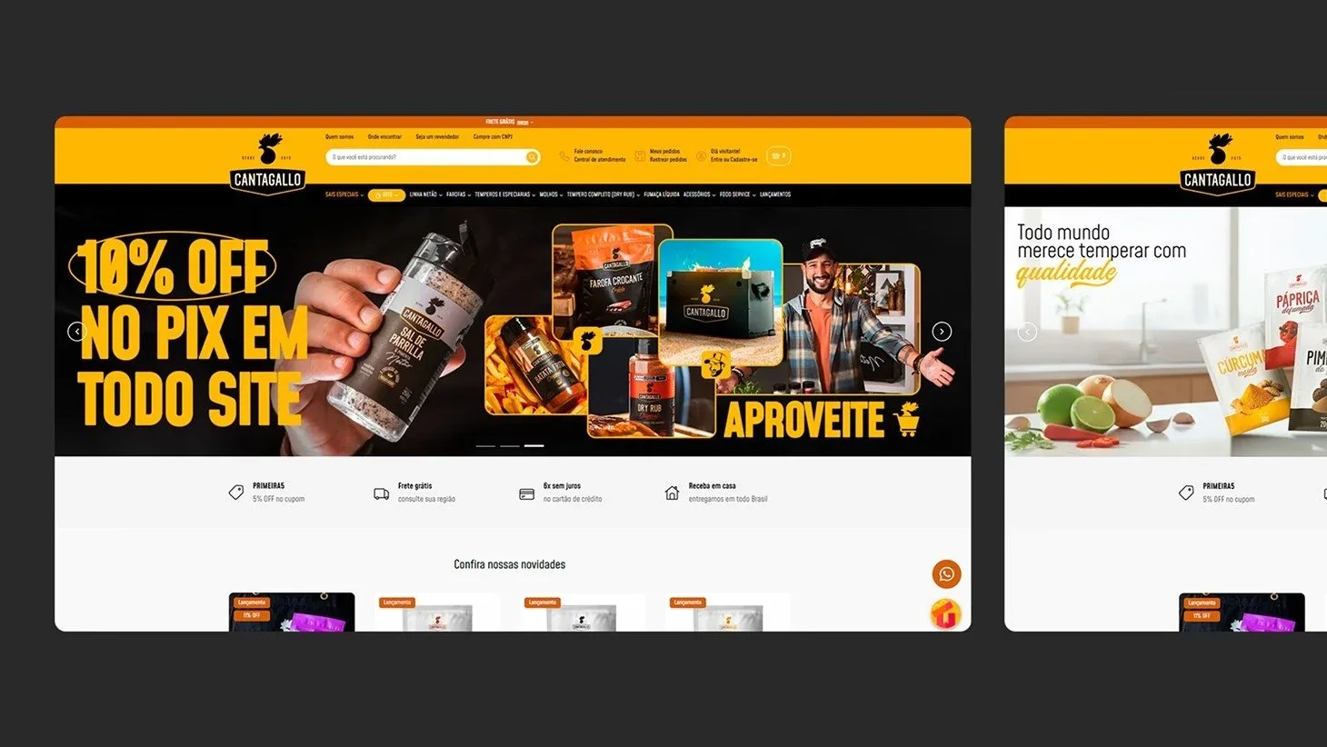 Duas telas da loja da Cantagallo em desktop, lado a lado sobre fundo escuro: a home com o banner “10% OFF no PIX em todo site” e a barra de benefícios, e uma segunda tela com a chamada “Todo mundo merece temperar com qualidade”.