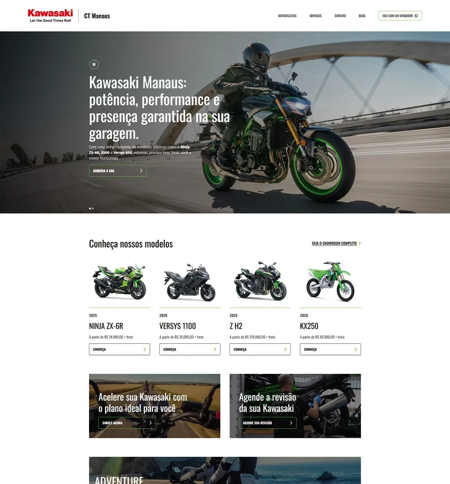 Home do site da Kawasaki CT Manaus em desktop: o banner “Kawasaki Manaus: potência, performance e presença garantida na sua garagem”, a vitrine “Conheça nossos modelos” com Ninja ZX-6R, Versys 1100, Z H2 e KX250, e os atalhos de financiamento e revisão.