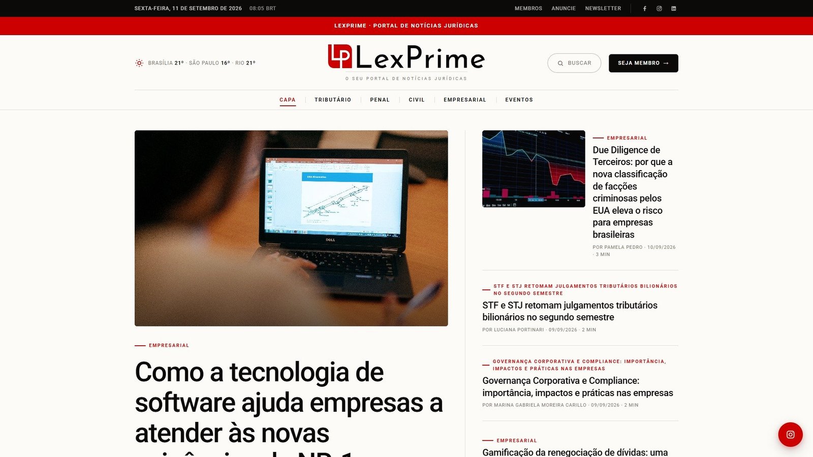 A capa da LexPrime, com a tarja de data, a manchete principal e as chamadas de apoio.