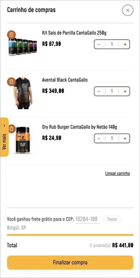 Carrinho de compras da loja da Cantagallo no celular, com três produtos, o aviso de frete grátis conquistado e o total de R$ 441,80.
