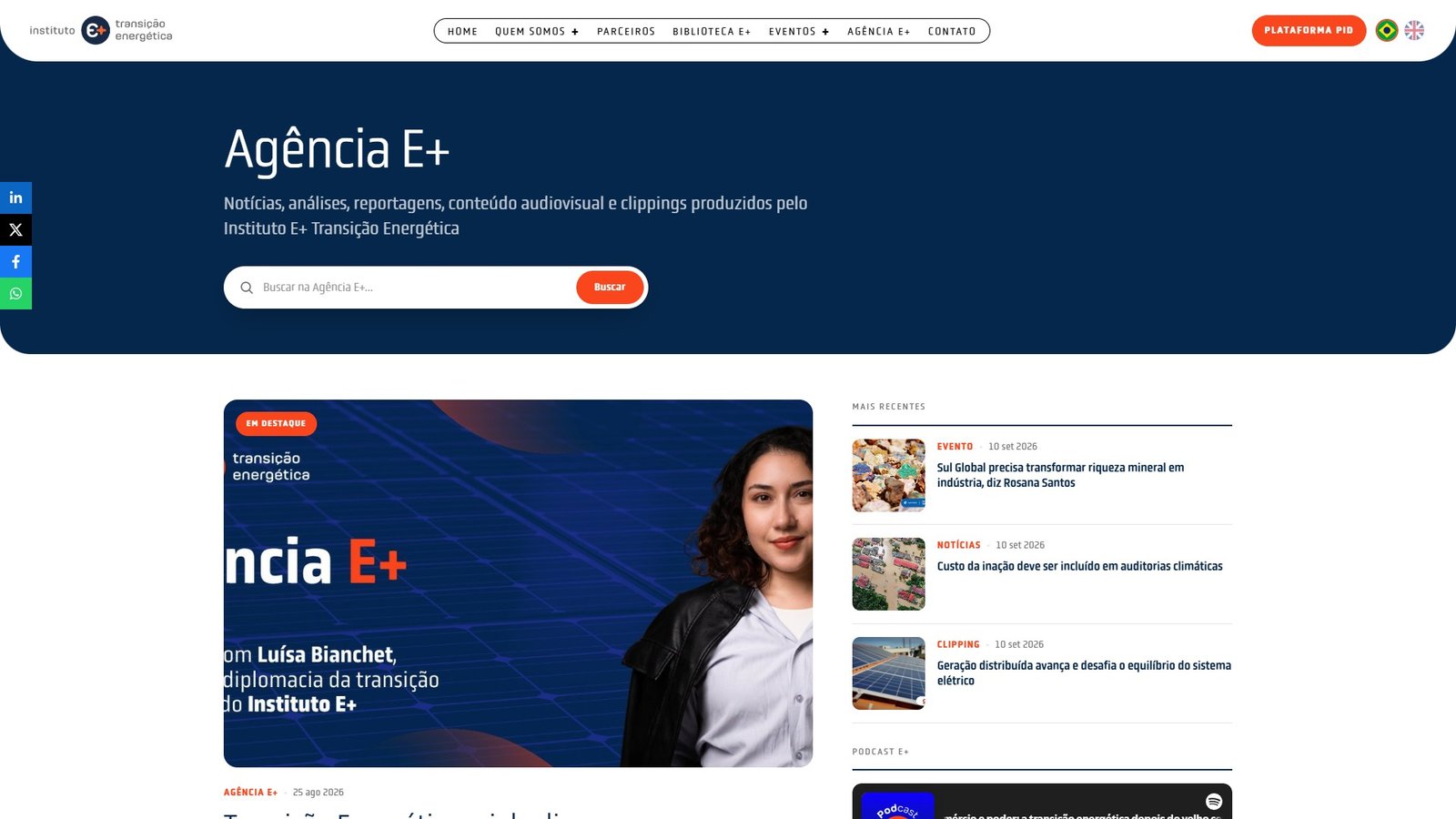 A Agência E+, com a matéria em destaque e a lista de conteúdos mais recentes.