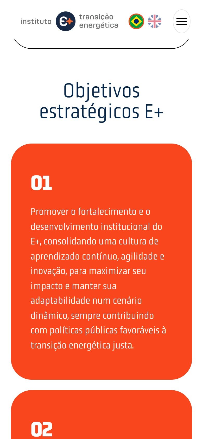 A página Quem somos no celular, com os objetivos estratégicos.
