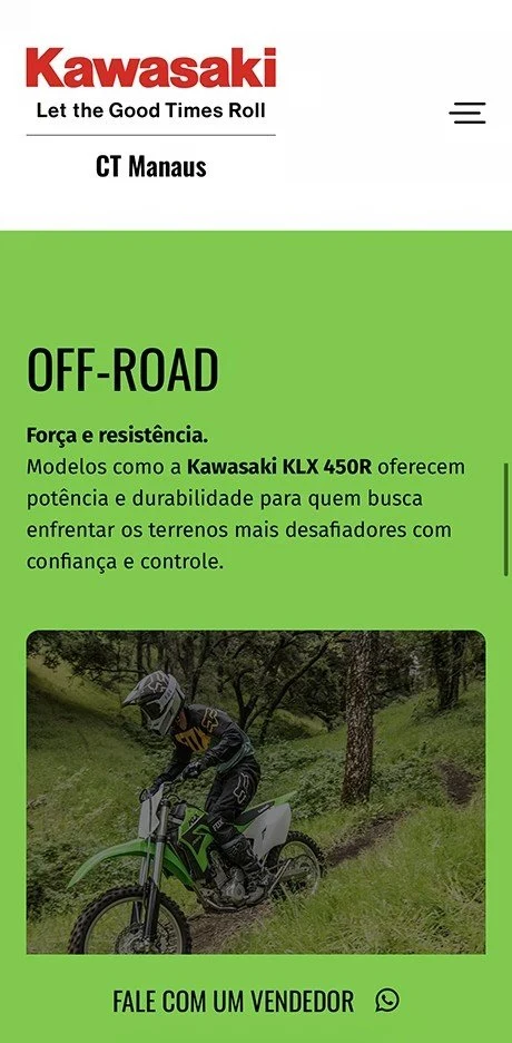 Página da categoria Off-Road no celular, com o texto “Força e resistência” sobre a Kawasaki KLX 450R e a foto de um piloto numa trilha.