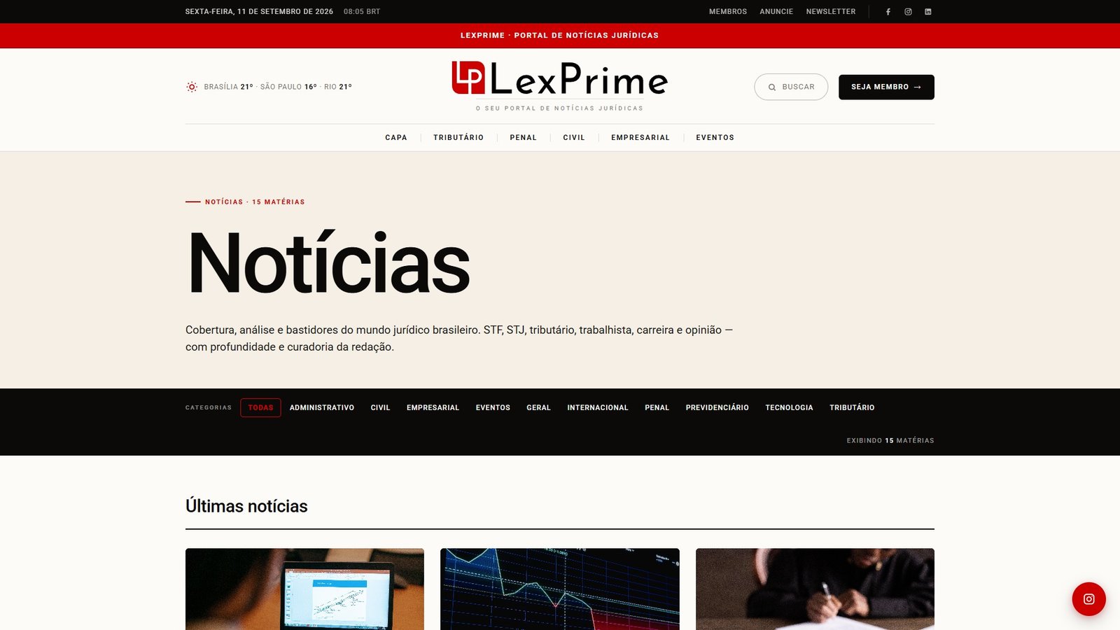 O arquivo de notícias, com o filtro das dez editorias.