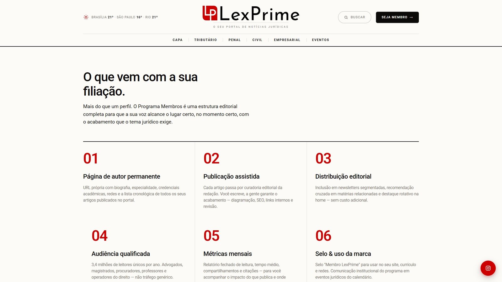 A página do Programa Membros, com os seis benefícios da filiação.