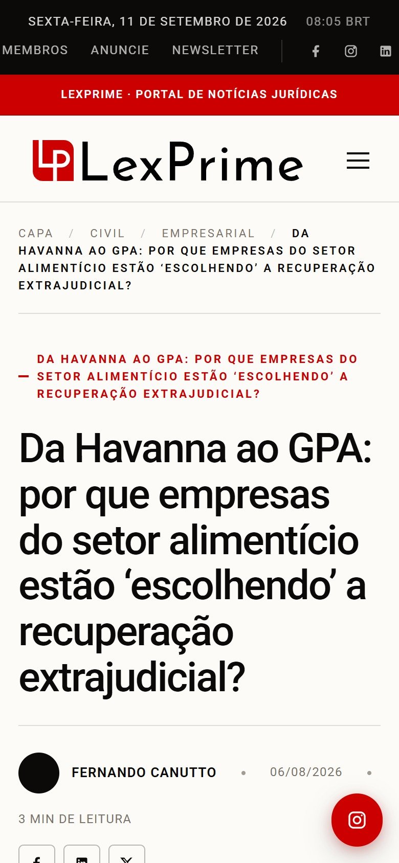 A leitura de uma matéria no celular, com capitular, crédito e tempo de leitura.
