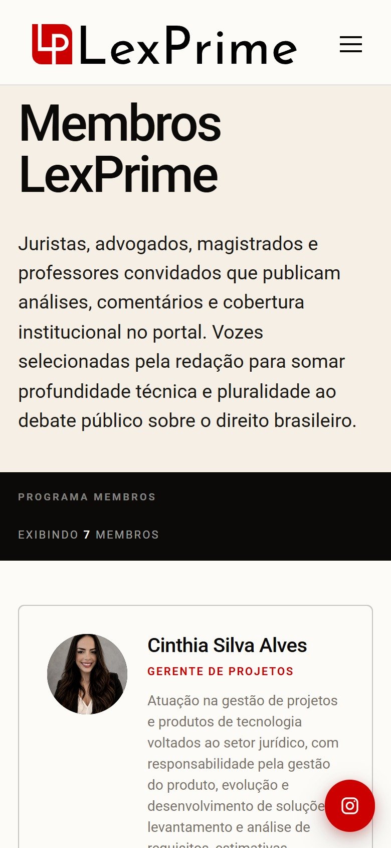 O arquivo de membros no celular, com as páginas de autor.