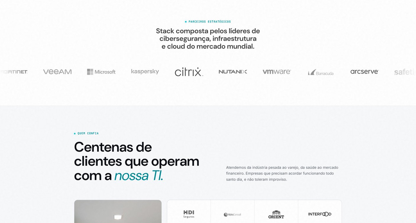 A stack de parceiros estratégicos e a seção de clientes atendidos.