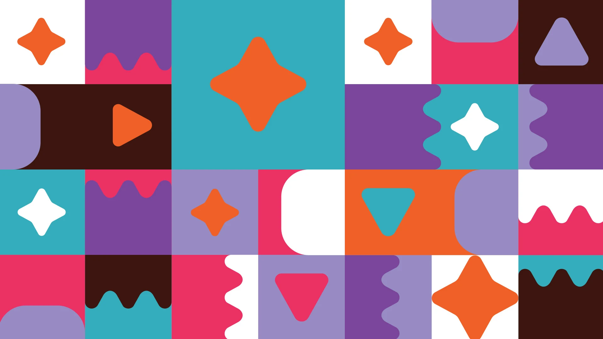 O padrão gráfico da Meadd em blocos: estrelas de quatro pontas, triângulos, ondas e arcos em laranja, rosa, roxo, lilás, turquesa e marrom sobre branco.