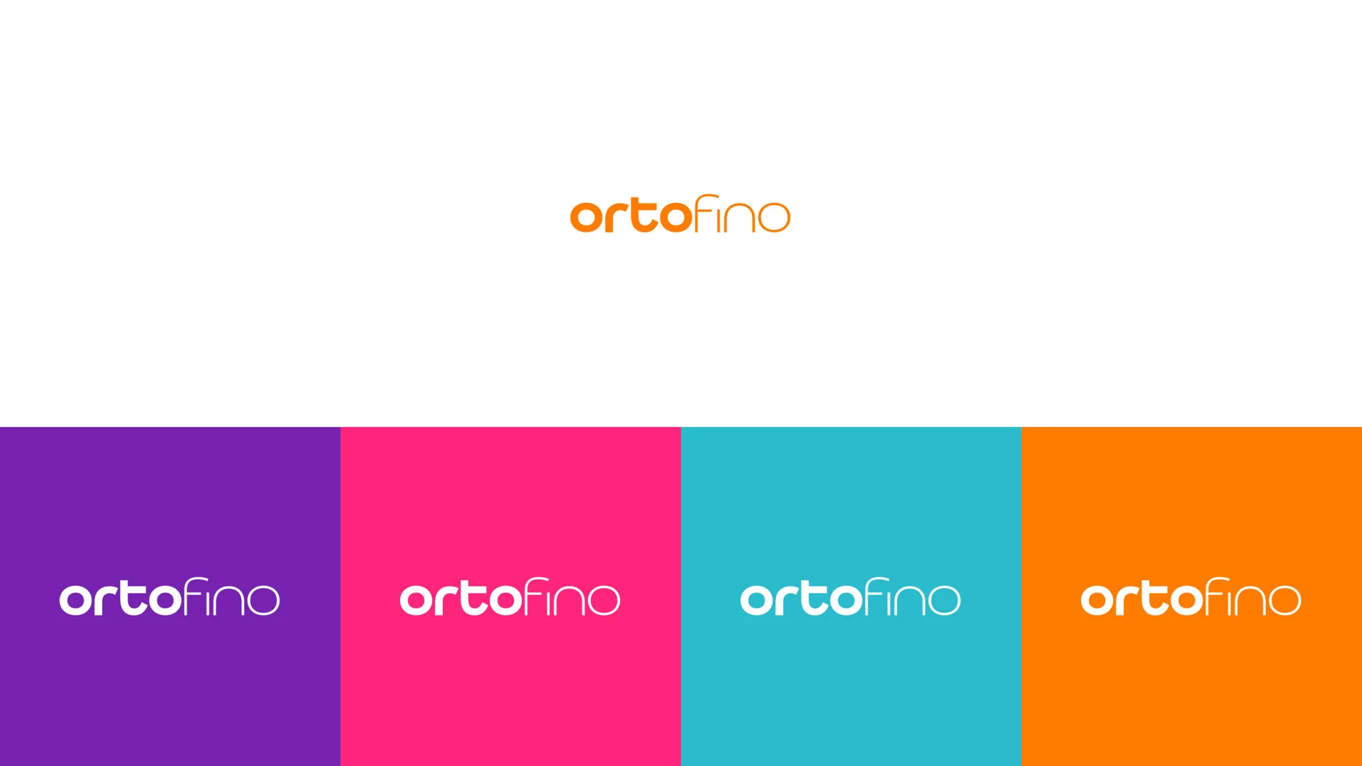 O logotipo da Ortofino em laranja sobre branco e, abaixo, repetido em branco sobre quatro faixas com as cores da marca: roxo, rosa, turquesa e laranja.