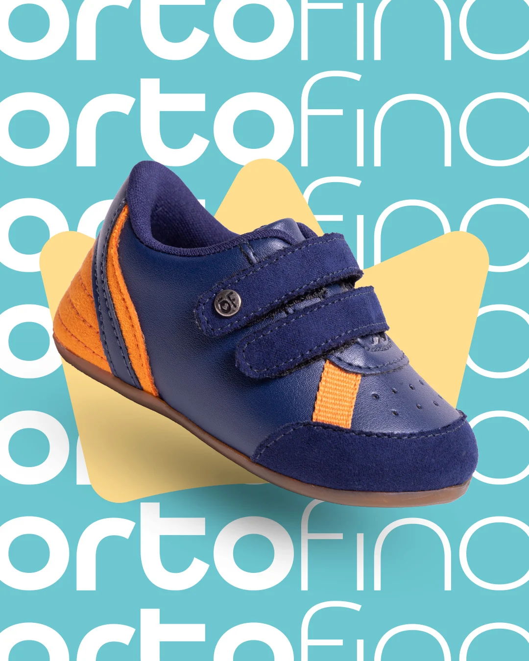 Post da Ortofino: tênis infantil azul-marinho com tiras de velcro e detalhe laranja, sobre fundo turquesa com o logotipo repetido e uma estrela amarela.