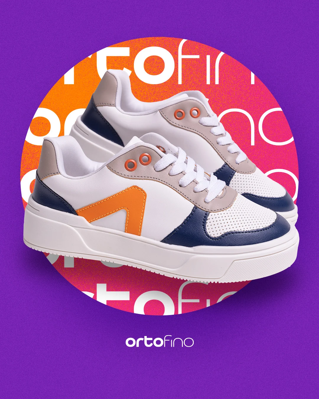 Post da Ortofino: tênis branco com detalhes azul-marinho e laranja, sobre um círculo laranja e fundo roxo com o logotipo repetido.